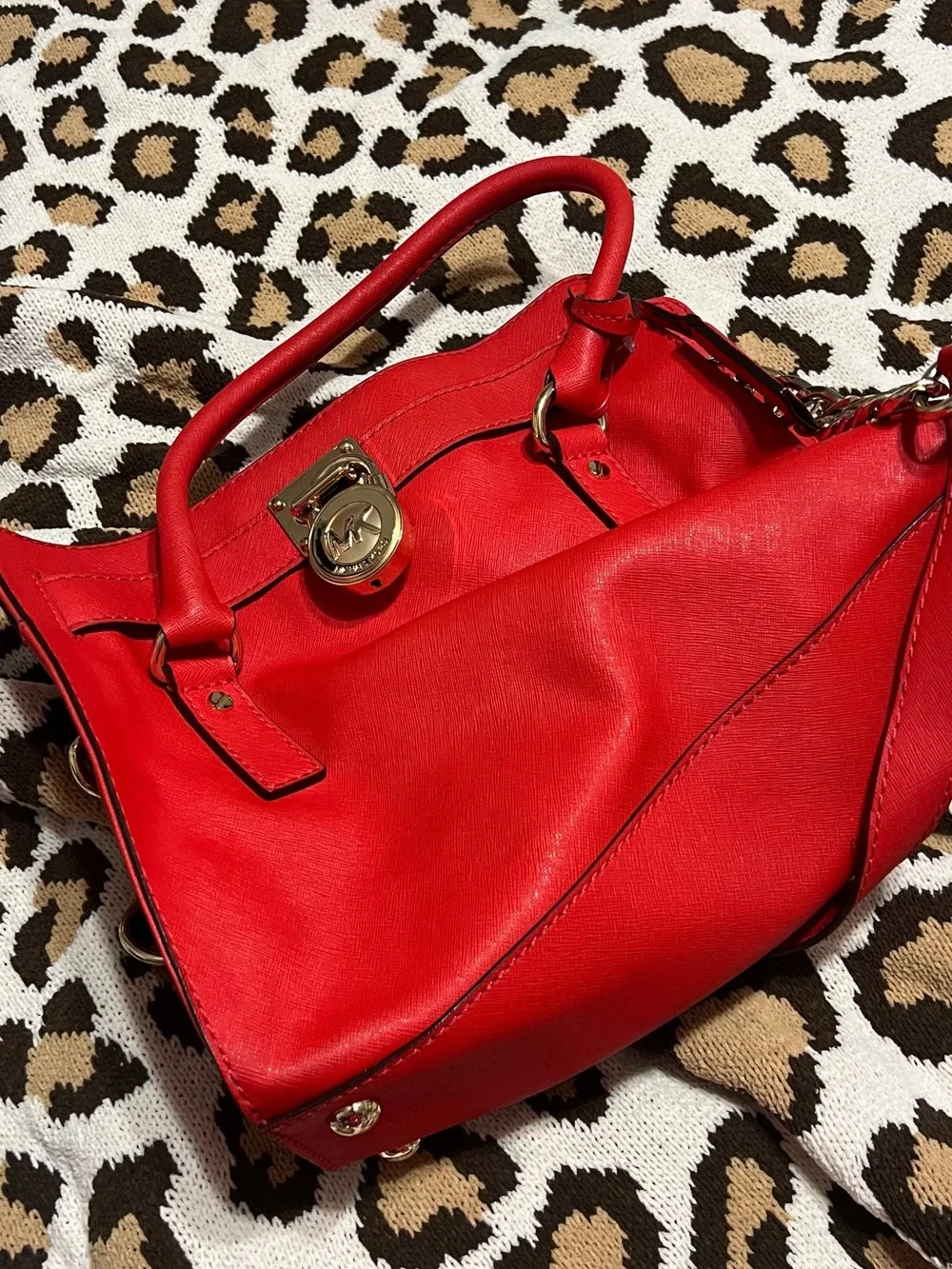 Michael Kors Bright Red Leather Satchel with Gold Hardware